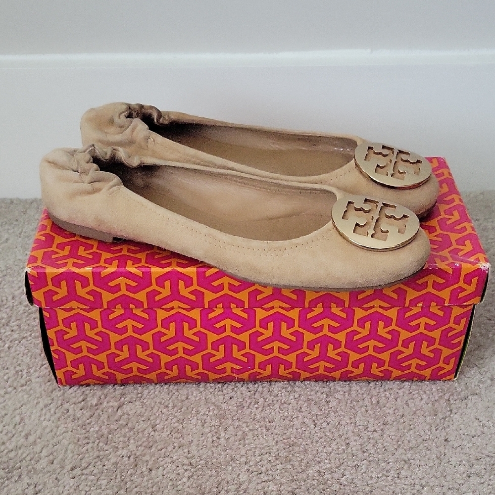 Tory Burch Tan Leather Flats with Gold Medallion